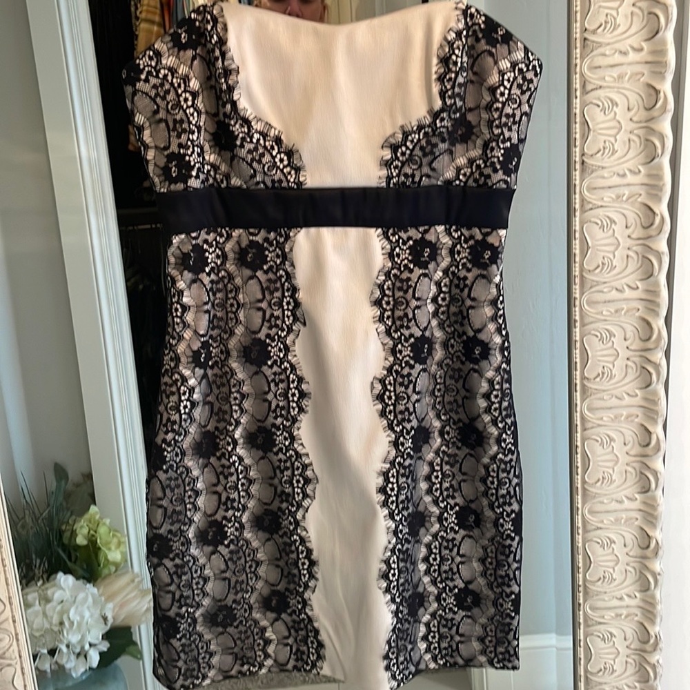 Cocktail size 4 lace & satin dress. Like new. No stains. Very flattering on.